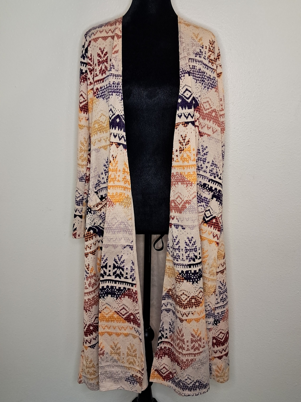 LuLaRoe Long Sleeve Kimono in Cream with Multicolor Geo Stripes